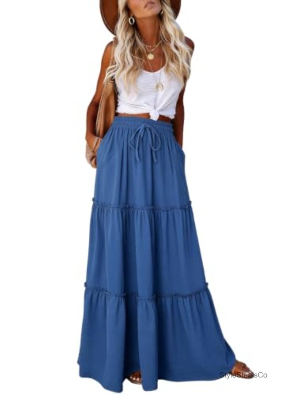 Women's Maxi Skirt High Waist Tie Tiered Ruffled Long with Pockets